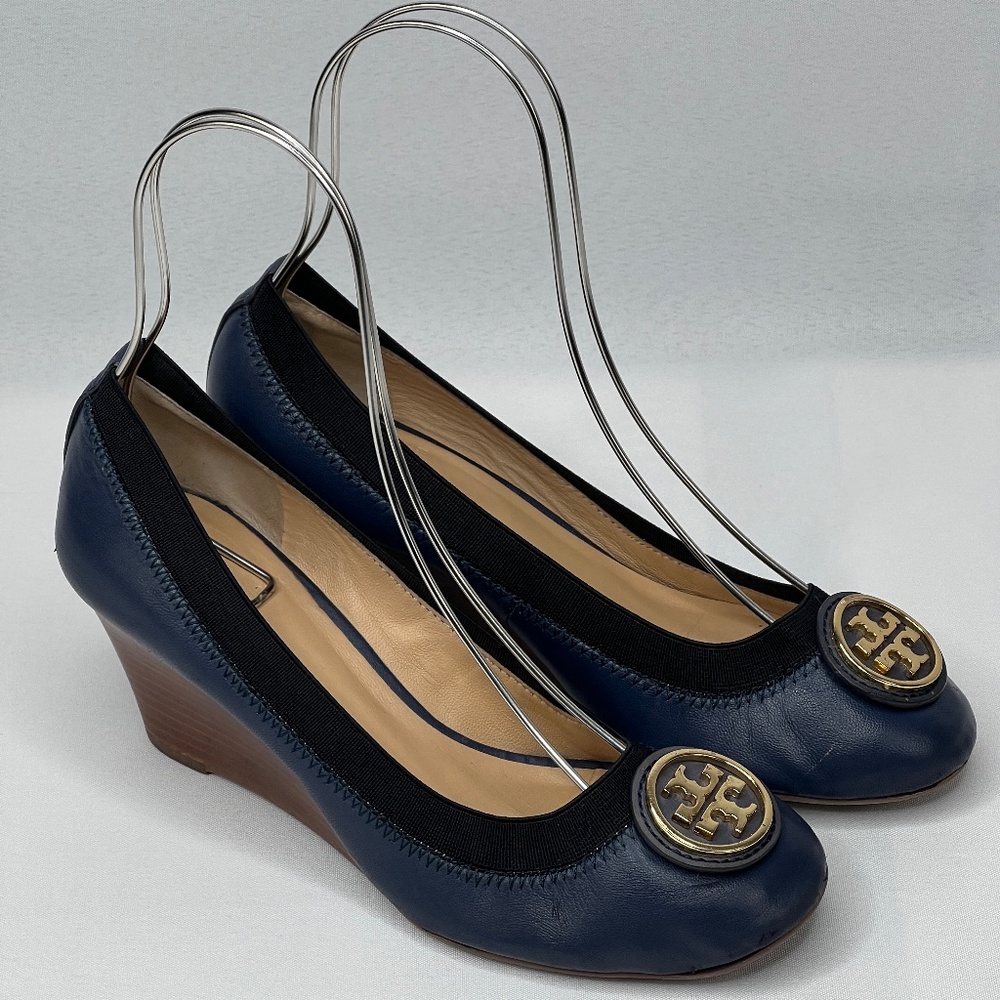 Tory Burch Caroline Navy Blue Ballet Pump Wedges Size 7